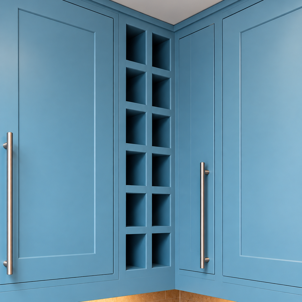 Blue kitchen cabinets with silver handles and a central built-in wine rack, set above a beige tiled splashback and dark granite countertop.