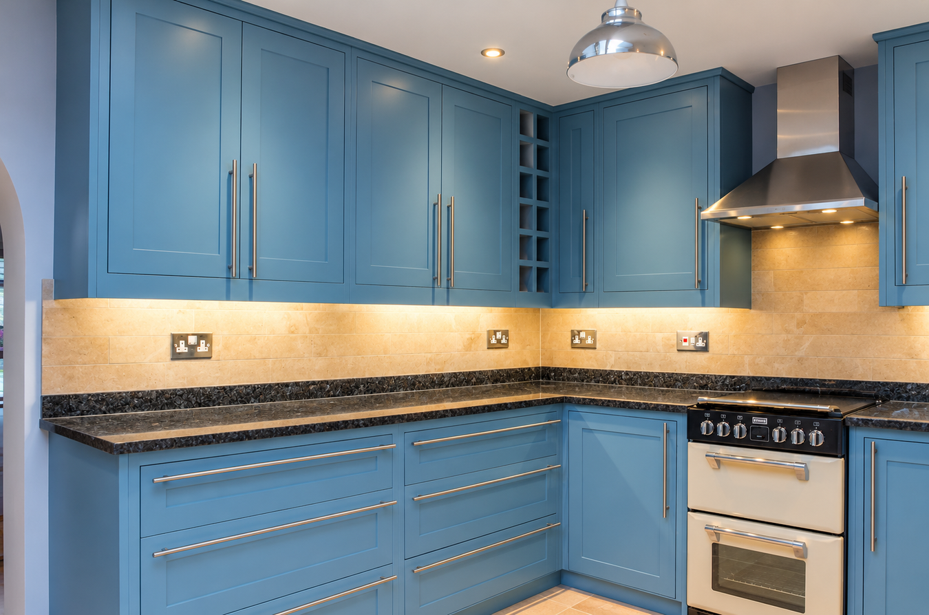 A modern kitchen featuring bright blue shaker-style cabinets with silver handles, a beige stone backsplash, black granite countertops, and a stainless steel range hood.