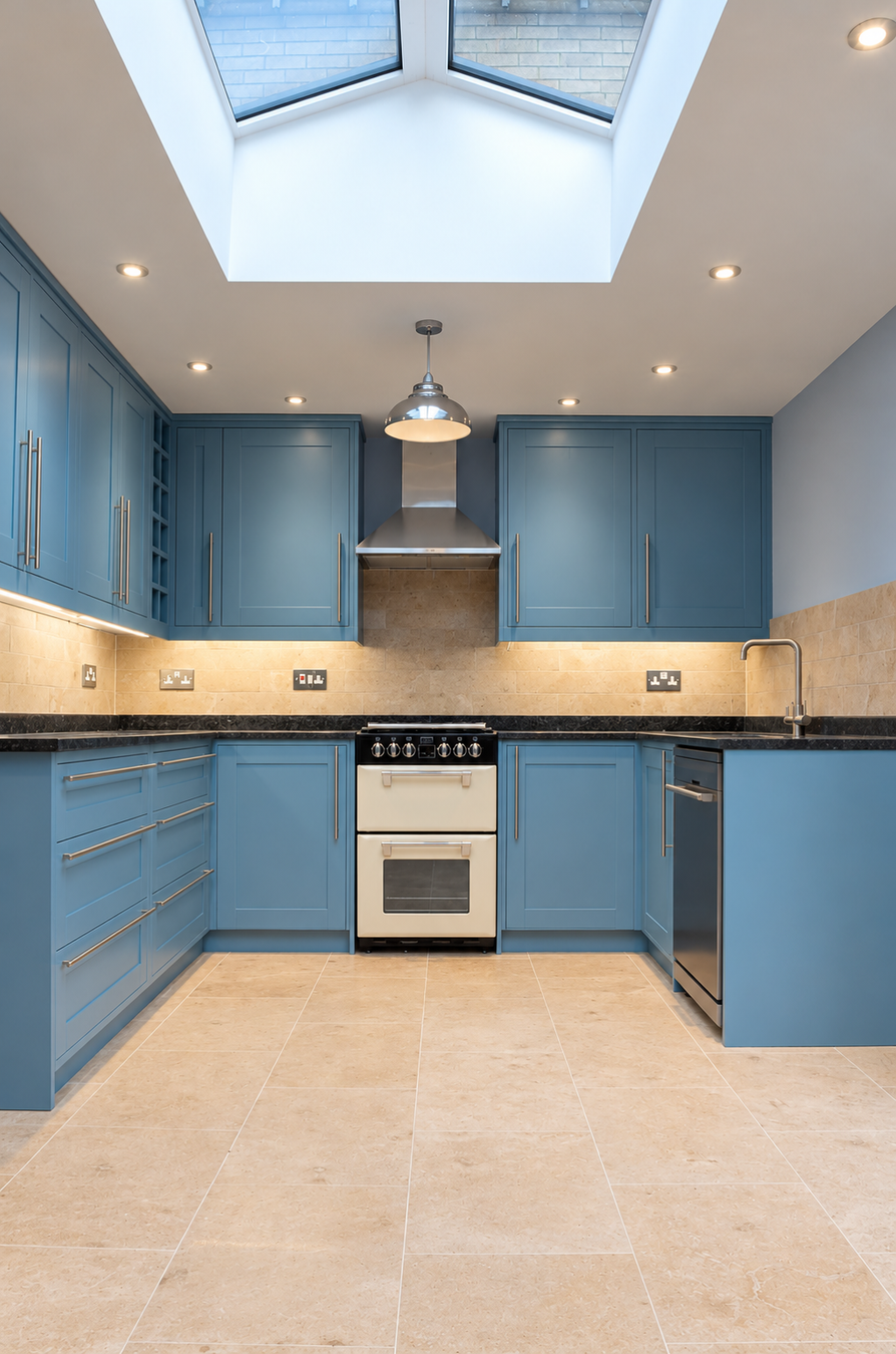 A modern U-shaped kitchen featuring medium blue cabinets, black countertops, a stainless steel range hood and dishwasher, beige tiled backsplash and floor, and a large skylight above.