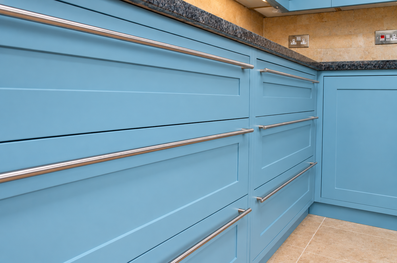 Light blue shaker-style kitchen cabinets with long brushed brass horizontal bar handles, set against a beige tiled wall and dark speckled granite countertop.