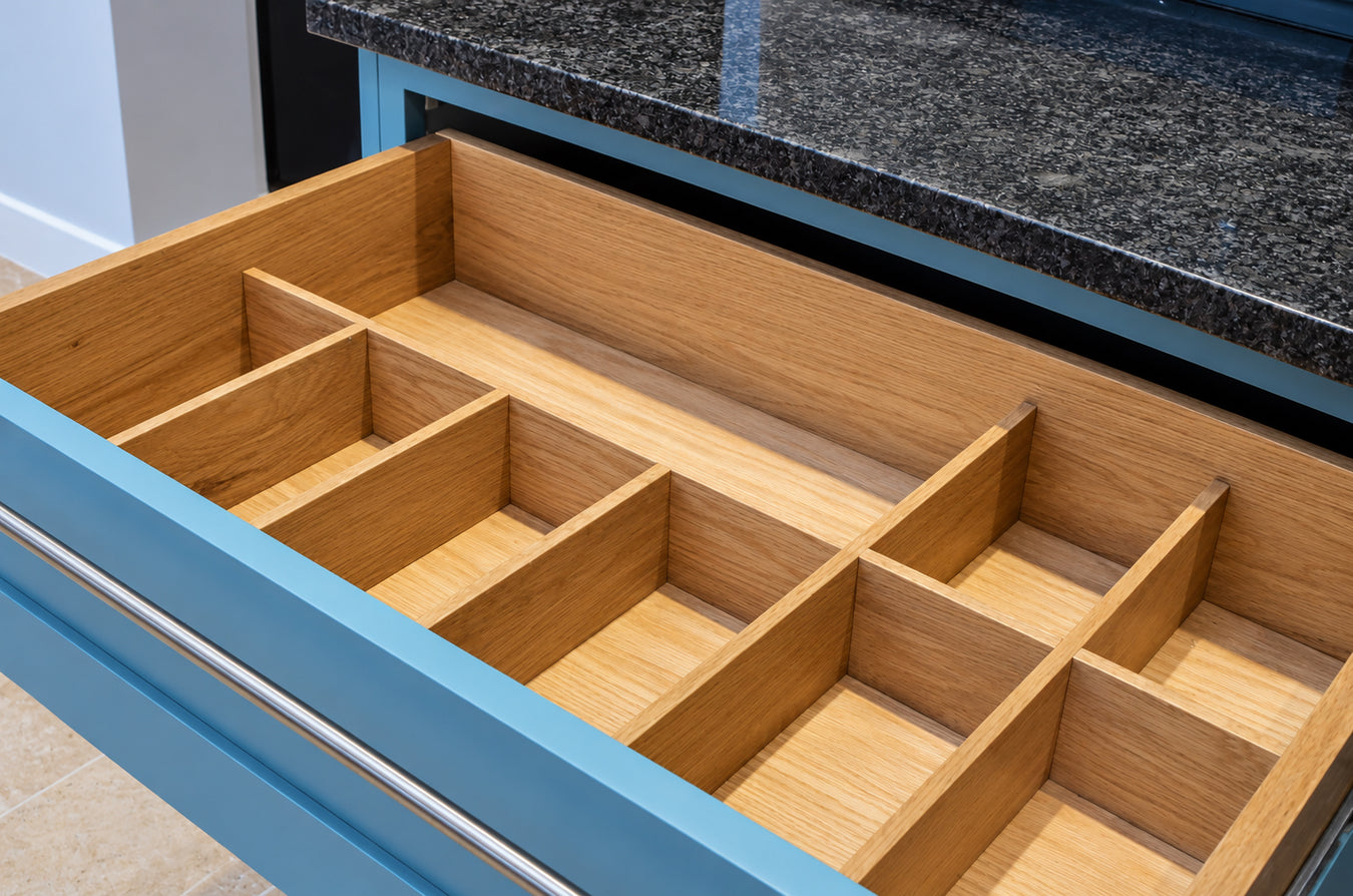 An open light blue kitchen drawer with a wooden organizer insert made of natural oak, set beneath a dark speckled granite countertop.